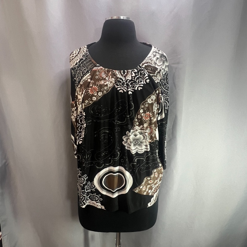 Exclusive One Tunic Top Womens XL Black Geometric Print 3/4 Sleeve Round Neck